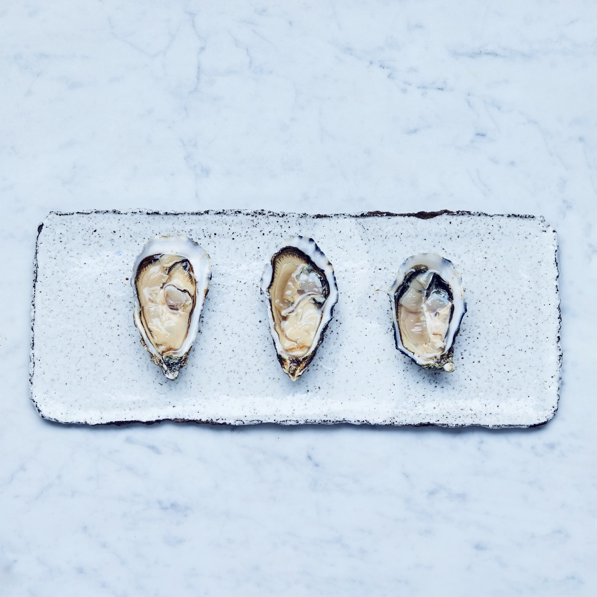 Drei frische Gilleardeu Austern auf einem weißen, rechteckigen Teller. Gillardeau austern kaufen.